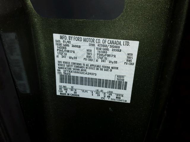 2FTRX18W52CA39373 - 2002 FORD F150 GREEN photo 10