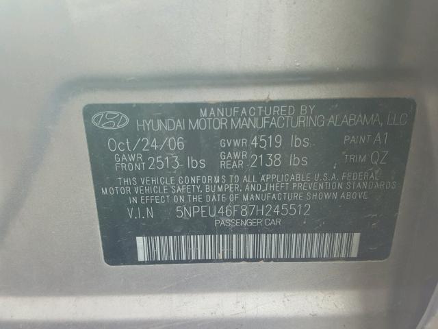 5NPEU46F87H245512 - 2007 HYUNDAI SONATA SE BEIGE photo 10