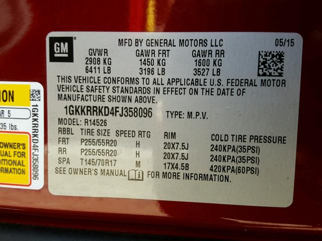 1GKKRRKD4FJ358096 - 2015 GMC ACADIA SLT RED photo 10