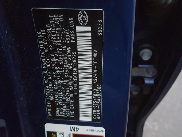 4T4BF3EK1BR128229 - 2011 TOYOTA CAMRY BASE BLUE photo 10