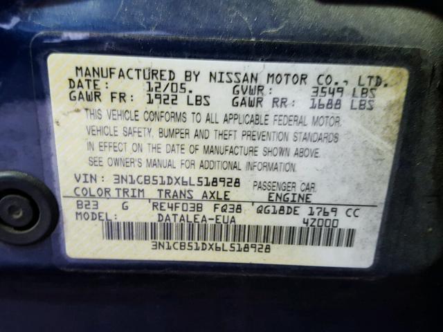 3N1CB51DX6L518928 - 2006 NISSAN SENTRA 1.8 BLUE photo 10