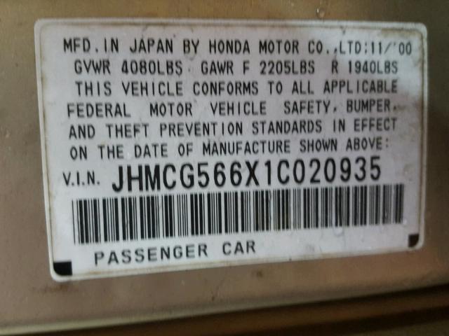 JHMCG566X1C020935 - 2001 HONDA ACCORD EX GOLD photo 10