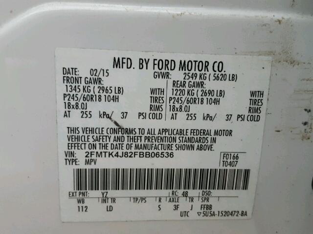 2FMTK4J82FBB06536 - 2015 FORD EDGE SEL WHITE photo 10