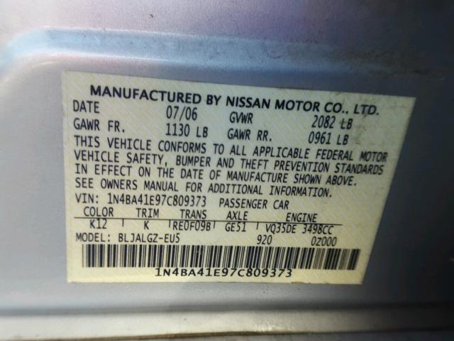 1N4BA41E97C809373 - 2007 NISSAN MAXIMA SE SILVER photo 10