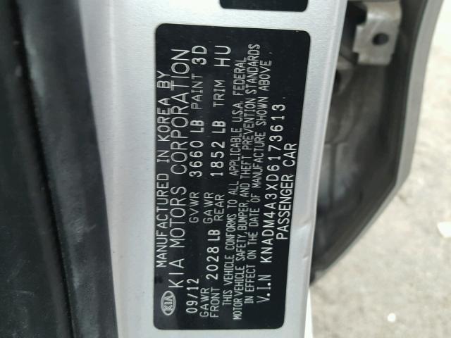 KNADM4A3XD6173613 - 2013 KIA RIO LX Արծաթագույն լուսանկար 10