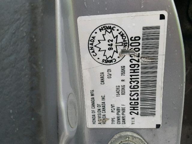 2HGES16311H922606 - 2001 HONDA CIVIC DX SILVER photo 10