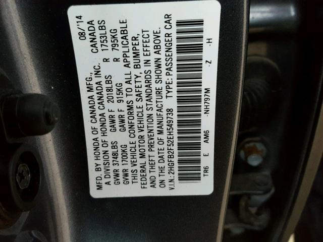 2HGFB2F52EH549738 - 2014 HONDA CIVIC LX GRAY photo 10