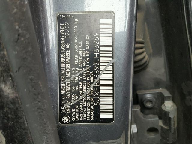 5UXFB33592LH33289 - 2002 BMW X5 4.4I GRAY photo 10