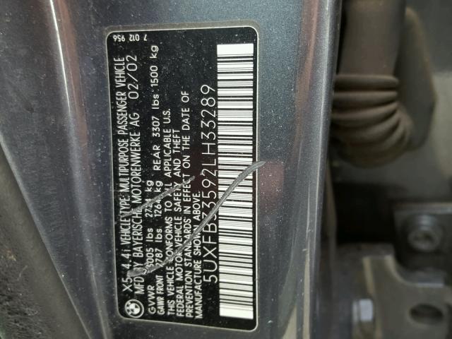 5UXFB33592LH33289 - 2002 BMW X5 4.4I GRAY photo 9