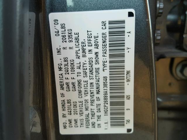 1HGCP26899A138548 - 2009 HONDA ACCORD EXL GRAY photo 10