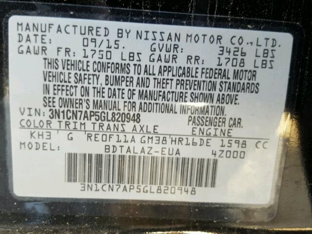 3N1CN7AP5GL820948 - 2016 NISSAN VERSA S BLACK photo 10