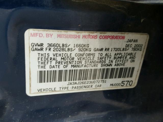 JA3AJ26E23U072751 - 2003 MITSUBISHI LANCER ES BLUE photo 10