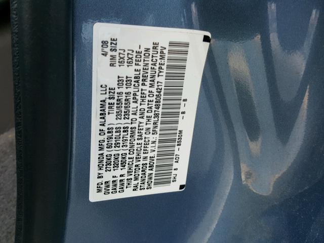 5FNRL38748B064217 - 2008 HONDA ODYSSEY EX BLUE photo 10