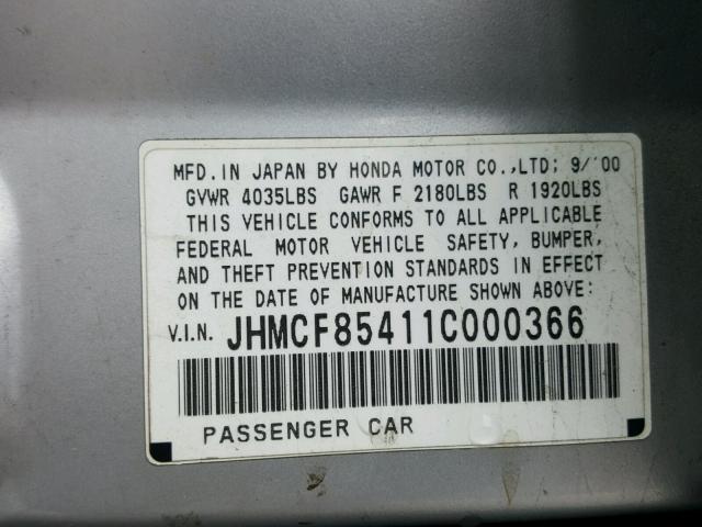 JHMCF85411C000366 - 2001 HONDA ACCORD DX SILVER photo 10