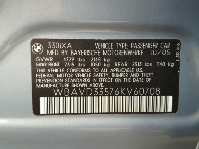 WBAVD33576KV60708 - 2006 BMW 330 XI BLUE photo 10