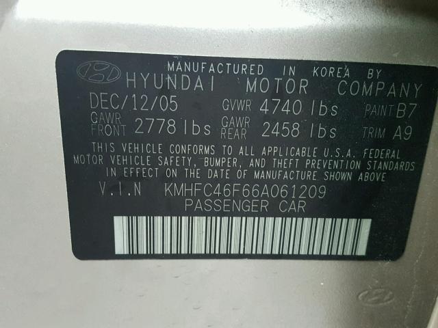 KMHFC46F66A061209 - 2006 HYUNDAI AZERA SE TAN photo 10