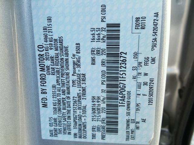 1FA6P0G71F5123672 - 2015 FORD FUSION S SILVER photo 10