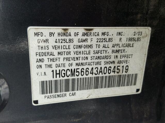 1HGCM56643A064519 - 2003 HONDA ACCORD EX GRAY photo 10