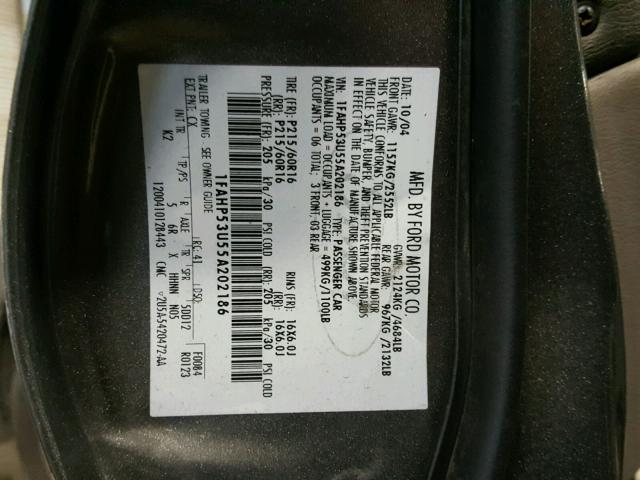 1FAHP53U55A202186 - 2005 FORD TAURUS SE GRAY photo 10