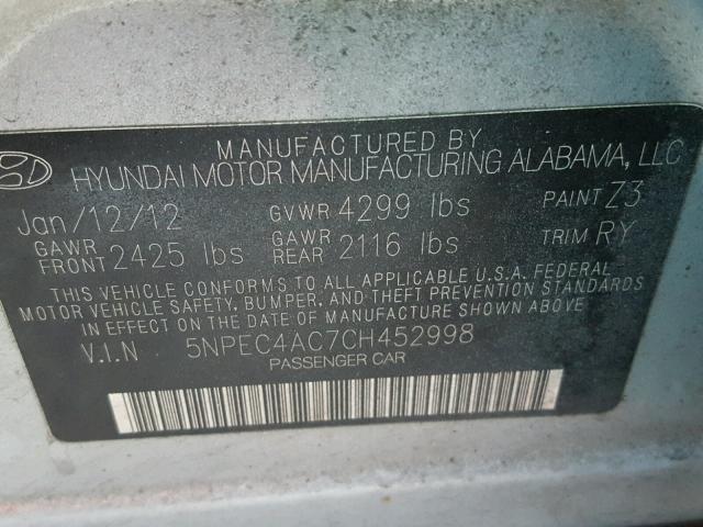 5NPEC4AC7CH452998 - 2012 HYUNDAI SONATA SE BLUE photo 10