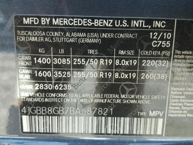 4JGBB8GB7BA687821 - 2011 MERCEDES-BENZ ML 350 4MA GRAY photo 10