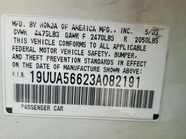 19UUA56623A082191 - 2003 ACURA 3.2TL WHITE photo 10