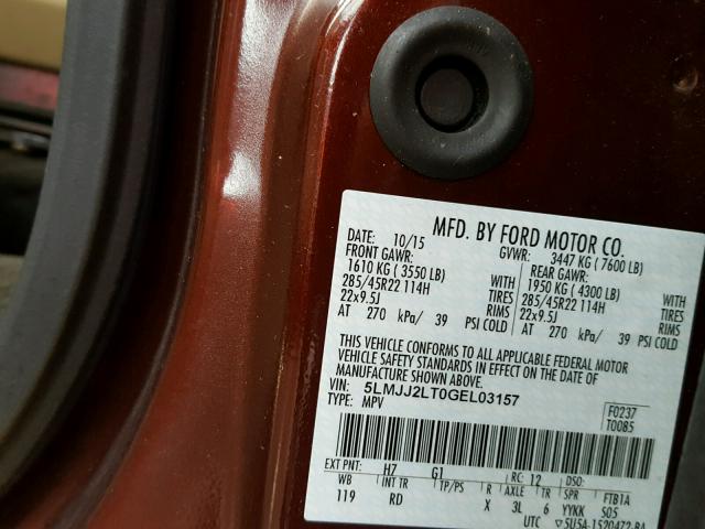 5LMJJ2LT0GEL03157 - 2016 LINCOLN NAVIGATOR მუქწითელი ფოტო 10