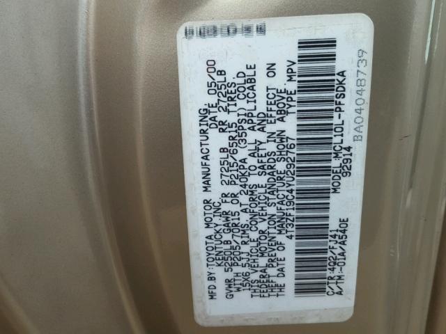 4T3ZF19C4YU292767 - 2000 TOYOTA SIENNA CE GOLD photo 10