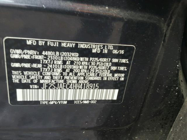 JF2SJAEC4HH418915 - 2017 SUBARU FORESTER 2 BLACK photo 10