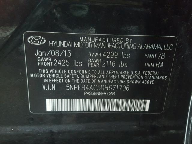 5NPEB4AC5DH671706 - 2013 HYUNDAI SONATA GLS BLACK photo 10