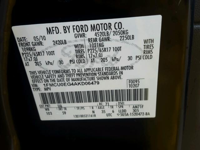 1FMCU0EG4AKD06479 - 2010 FORD ESCAPE LIM BLACK photo 10