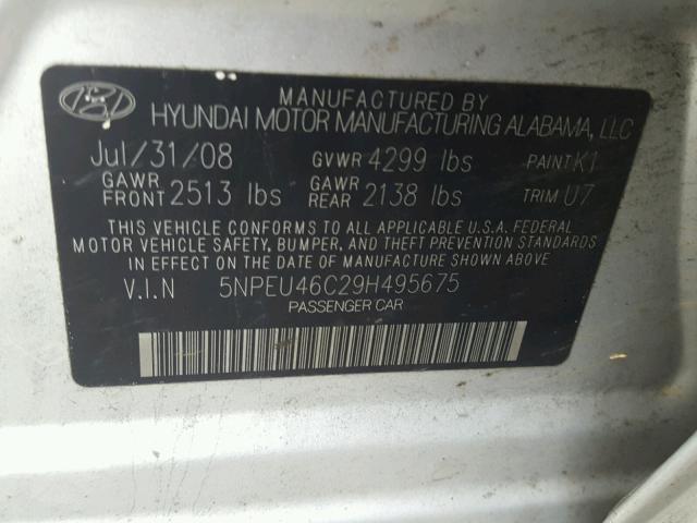 5NPEU46C29H495675 - 2009 HYUNDAI SONATA SE SILVER photo 10