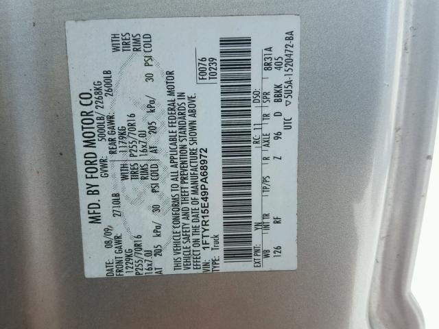 1FTYR15E49PA68972 - 2009 FORD RANGER SUP GRAY photo 10