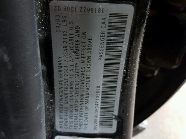 WVWRH63B34P102888 - 2004 VOLKSWAGEN PASSAT GLX BLACK photo 10