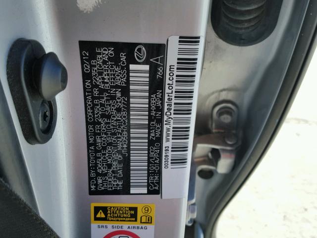 JTHKD5BH7C2087772 - 2012 LEXUS CT 200 SILVER photo 10