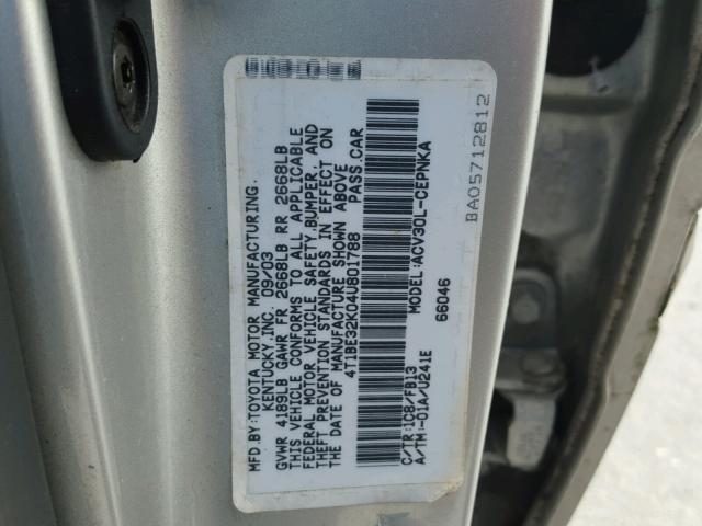 4T1BE32K04U801788 - 2004 TOYOTA CAMRY LE SILVER photo 10