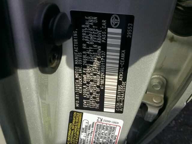 4T1BE32K86U117137 - 2006 TOYOTA CAMRY LE SILVER photo 10