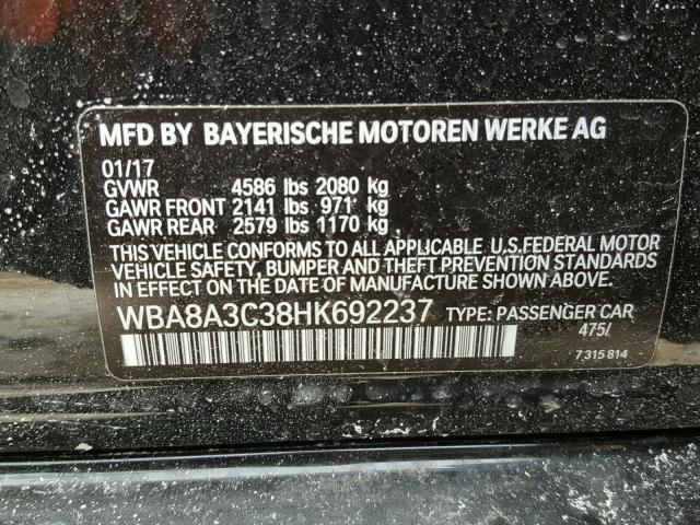 WBA8A3C38HK692237 - 2017 BMW 320 XI BLACK photo 10