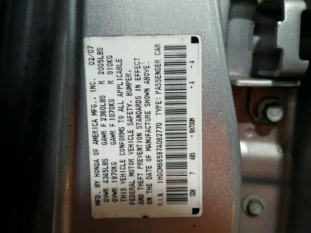 1HGCM66597A062770 - 2007 HONDA ACCORD EX SILVER photo 10