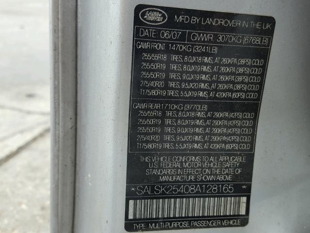 SALSK25408A128165 - 2008 LAND ROVER RANGE ROVE SILVER photo 10