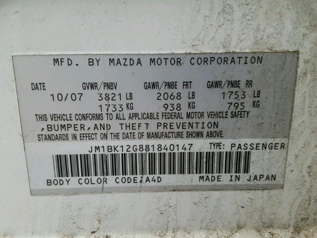 JM1BK12G881840147 - 2008 MAZDA 3 I WHITE photo 10