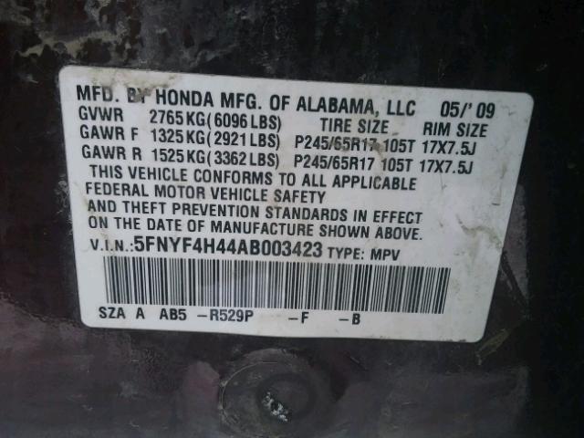 5FNYF4H44AB003423 - 2010 HONDA PILOT EX MAROON photo 10