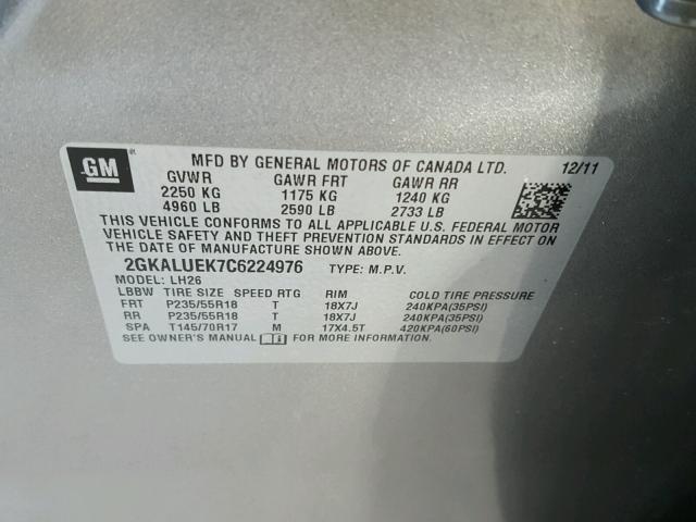 2GKALUEK7C6224976 - 2012 GMC TERRAIN SL GRAY photo 10