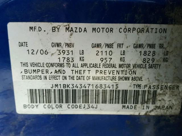 JM1BK343471683415 - 2007 MAZDA 3 HATCHBAC BLUE photo 10