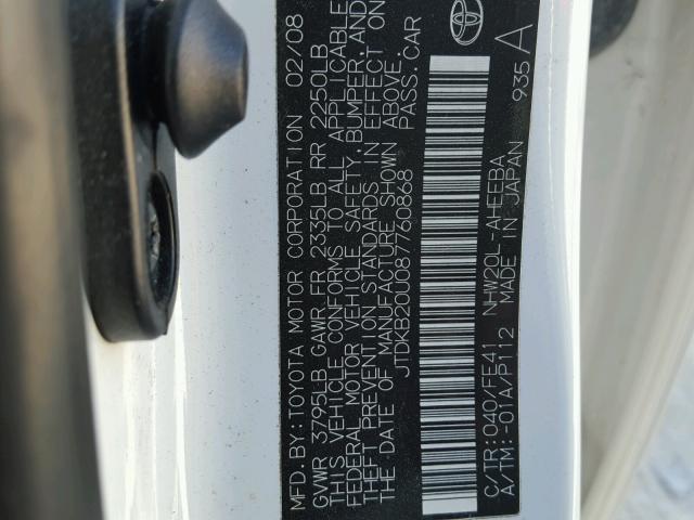 JTDKB20U087760868 - 2008 TOYOTA PRIUS WHITE photo 10