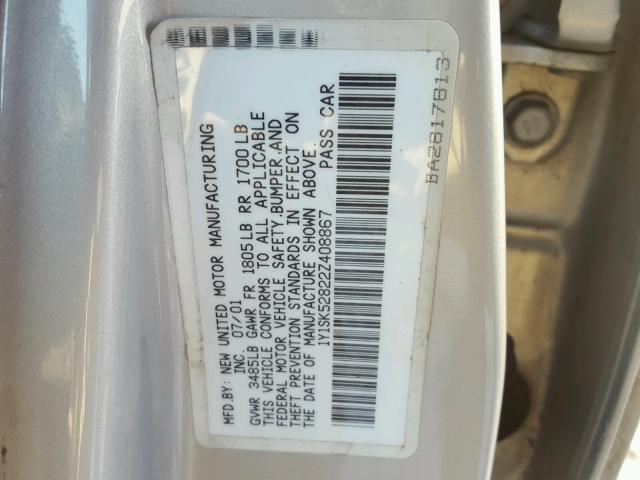 1Y1SK52822Z408867 - 2002 CHEVROLET GEO PRIZM 银色 照片 10