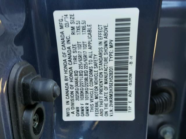 2HKRM3H76EH528201 - 2014 HONDA CR-V EXL BLUE photo 10