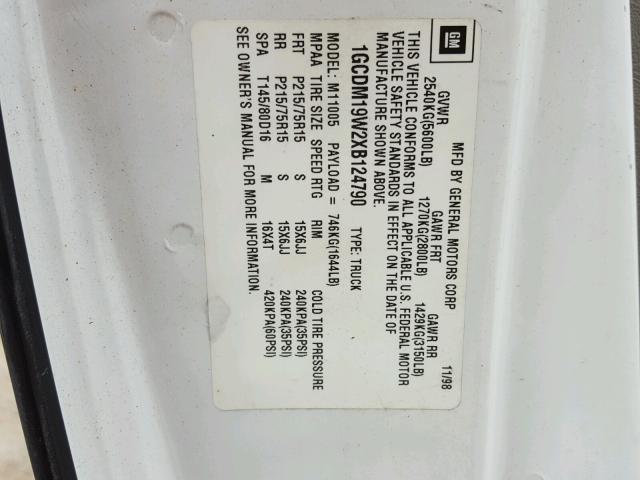 1GCDM19W2XB124790 - 1999 CHEVROLET ASTRO WHITE photo 10