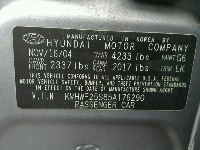 KMHWF25S85A176290 - 2005 HYUNDAI SONATA GL SILVER photo 10