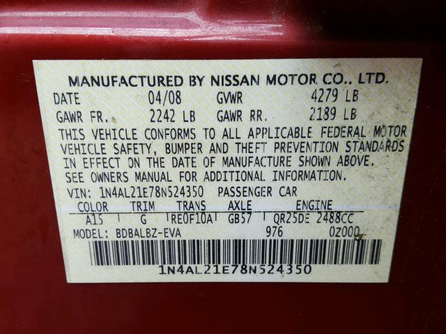 1N4AL21E78N524350 - 2008 NISSAN ALTIMA 2.5 RED photo 10